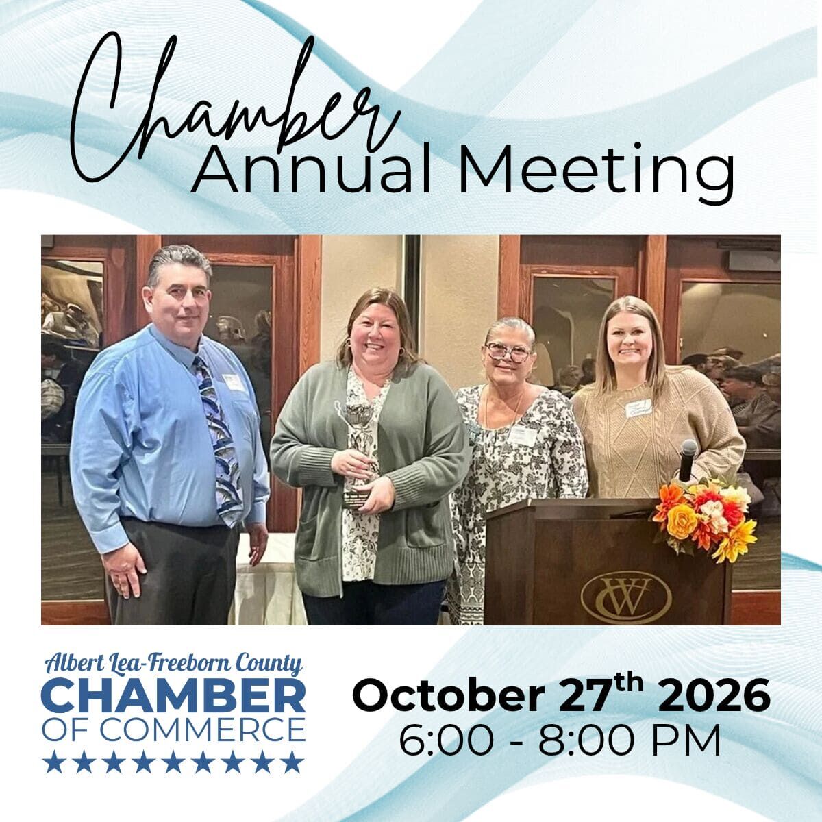 2026 Chamber Annual Meeting Promo - Picture of Tonya Telles from Cargill holding an award with John Double and Dani Clevenger (Board Members) at the 2025 Annual Meeting